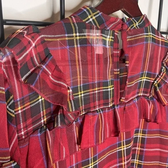 Mudpie Tartan Plaid Sheer Ruffle Chiffon Blouse Sz M - Picture 4 of 12